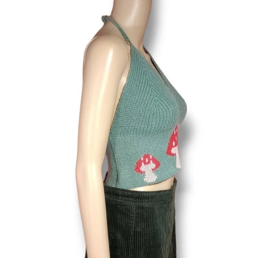 Knit halter, crop top green with mushrooms. New without tags